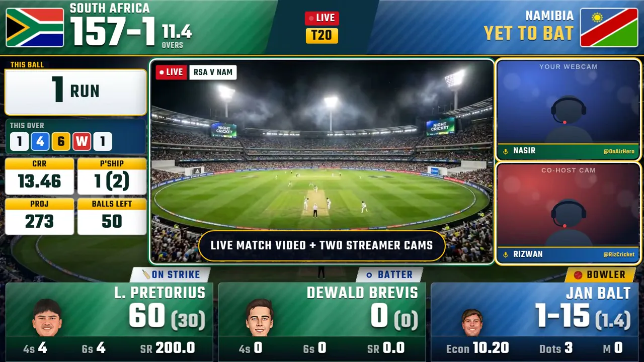 Live match + two streamer cams — OnAirHero Arena overlay